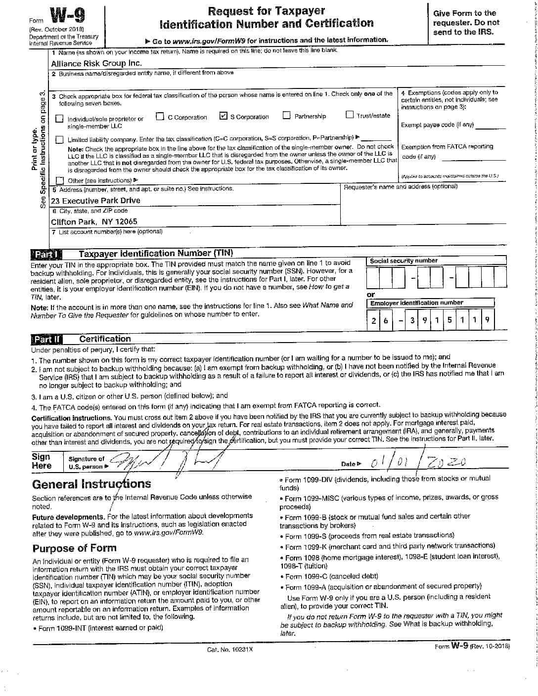 w9-2020 | Alliance Risk Group Inc.